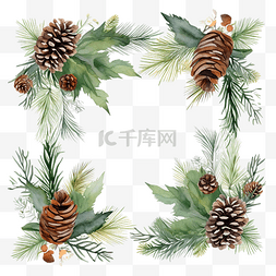 手绘松果图片_圣诞快乐卡，带有树枝和针叶树锥