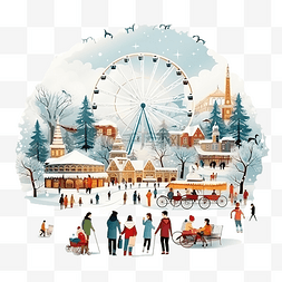冬天城市场景图片_圣诞冬季场景与全景轮和人