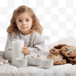 穿着睡衣的小女孩坐着牛奶和圣诞