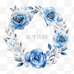 手绘玫瑰插画图片_水彩蓝玫瑰花朵花环插画