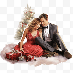 一对美丽的夫妇躺在圣诞树和壁炉
