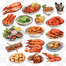 海鲜烧烤菜单图片_一套各种食品垃圾食品和倾斜的海