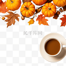咖啡节日海报图片_感恩节快乐的概念，橙色南瓜黄叶