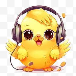 一只可爱的黄色小鸡听音乐的卡通