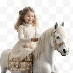 婴儿玩具马图片_女孩在家里骑玩具马，靠近圣诞树