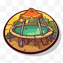 背景为游泳池的虚构小屋的徽章 