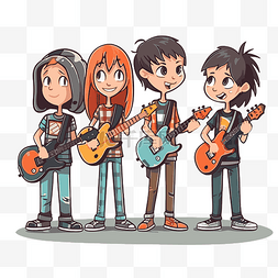 乐队剪贴画卡通一群拿着吉他的儿