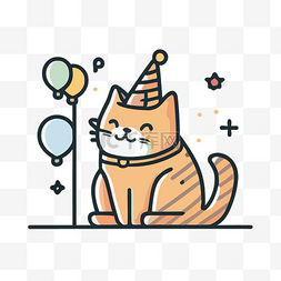戴着派对帽的橙色猫的细线插图 