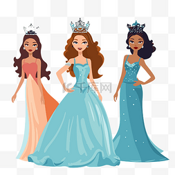 蓝色连衣裙图片_选美剪贴画三个不同的公主穿着蓝
