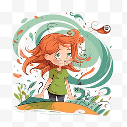 微风剪贴画女孩红头发在自然湖矢