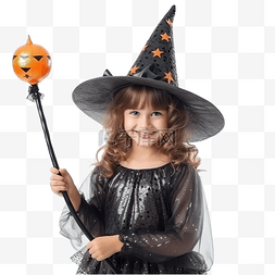 快乐的孩子戴着巫婆帽拿着魔杖在