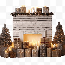木地板上有圣诞盒和蜡烛的壁炉