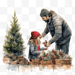 父亲和女儿在市场上选择一棵圣诞