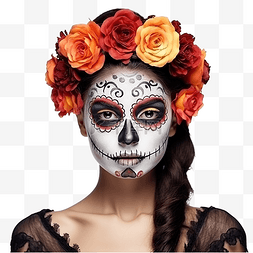 美丽的女人的脸图片_戴着花冠的女孩和万圣节派对的死