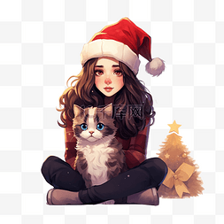 女孩问问题图片_戴着圣诞帽的可爱女孩和猫坐在一