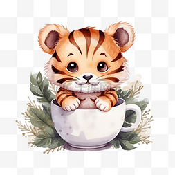 可爱的小老虎玩具图片_可爱的老虎角色坐在杯子里圣诞有
