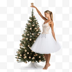 演员和狗图片_穿着白色芭蕾舞短裙装饰圣诞树的
