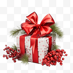 红色礼品组合图片_圣诞组合物，配有红色浆果和带蝴