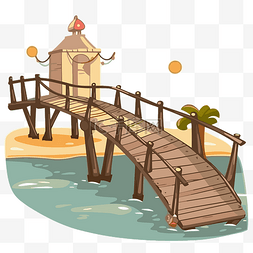卡通木板路图片_海滩上一座木桥和小屋的木板路剪