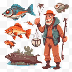 抓鱼卡通图片_抓剪贴画卡通渔夫手里拿着各种鱼