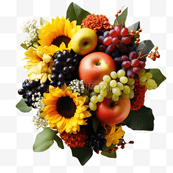 五色食物图片_木桌上的水果新鲜花束平躺感恩节