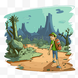 在沙漠的人卡通图片_夏季沙漠之旅中背着背包在小路上