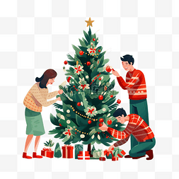 幸福的家庭装饰圣诞树人们准备节