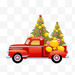 冬天带雪的树图片_戴着黄色冬帽的红色圣诞老人汽车