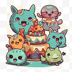 有蜡烛生日蛋糕图片_几只可爱的动物坐在蛋糕周围，蛋