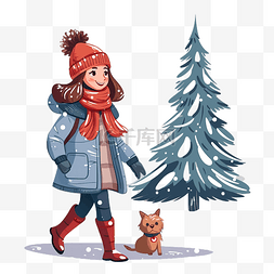 穿着暖和衣服的小女孩在圣诞树下