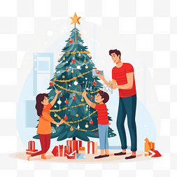人在装饰圣诞树图片_妈妈和儿子们站在房间里装饰圣诞