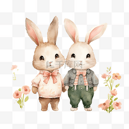 幸福元素图片_可爱的水彩兔子情侣插画ai生成