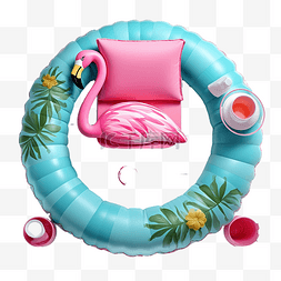 粉色的火烈鸟图片_夏季海滩顶视图与沙滩椅帽子充气