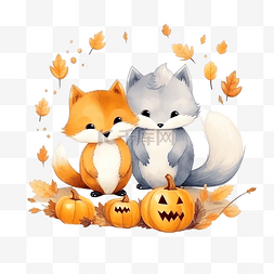 感恩节快乐艺术字图片_可爱的南瓜爱上鸟和狐狸可爱的万