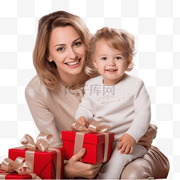 母亲和她的小女儿在圣诞树旁拿着