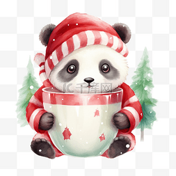 水彩动物插画素材图片_可爱的熊猫在圣诞老人服装在杯水