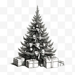 圣诞树冷杉图片_设计黑白手绘插画圣诞树和礼盒