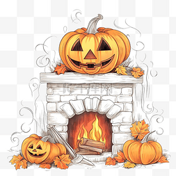 秋天童话图片_万圣节贺卡，在旧石壁炉上放着一