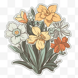花束中的水仙花贴纸艺术矢量插图