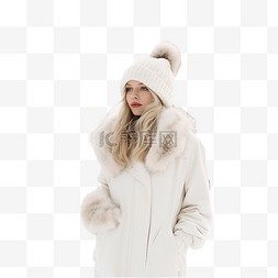 身穿白色生态毛皮大衣帽子和手套