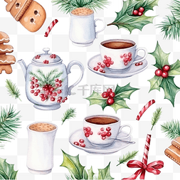 水彩无缝圣诞图案，配有餐具茶壶