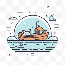 海滩上湖中航行的船线性设计插画