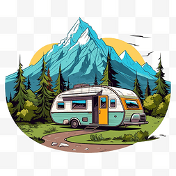带露营拖车的山地景观露营