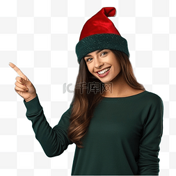 女士手指图片_戴着圣诞帽的女孩，戴着孤立的绿