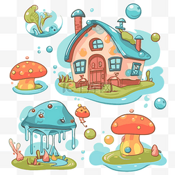 视觉剪贴画卡通房子和蘑菇集集合