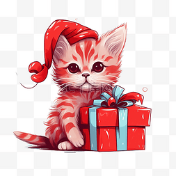手绘红色礼盒里的猫