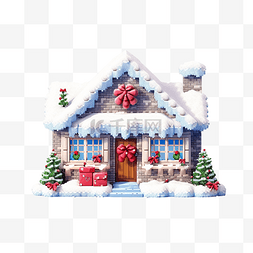 圣诞8图片_像素圣诞屋，有雪，屋顶上有一份