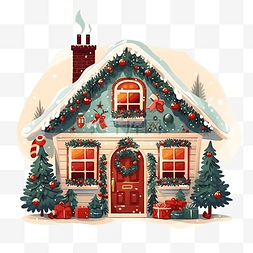 装饰圣诞屋内平面彩色插图