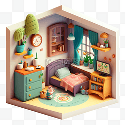房间模型可爱卡通简单立体图案
