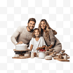 蛋糕咖啡图片_幸福的家庭庆祝圣诞假期，在圣诞